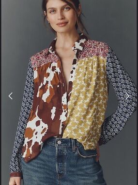 Maeve Anthropologie Paz Button Down Shirt in Mixed Print Patchwork Design L